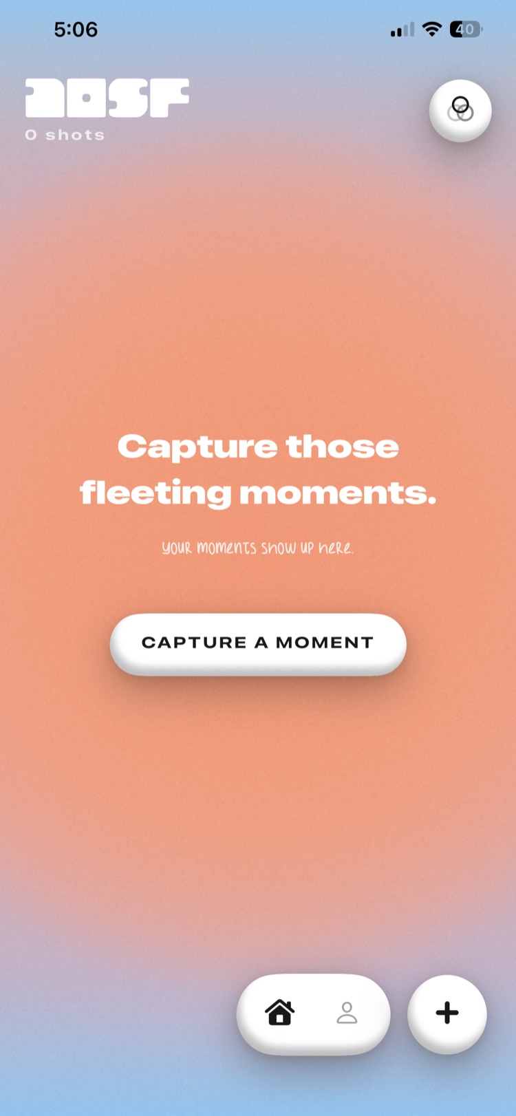 10Secs home screen on the sunrise gradient, with the Capture a Moment button
